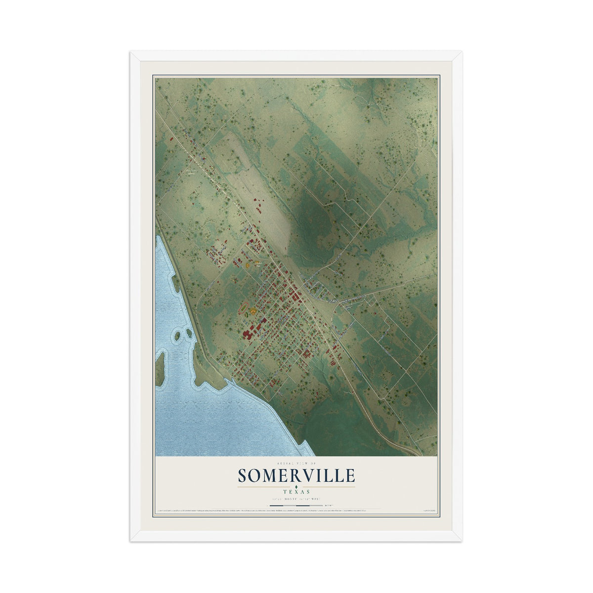 Map of Somerville, Texas, 12 x 18 inch print in a white wood frame