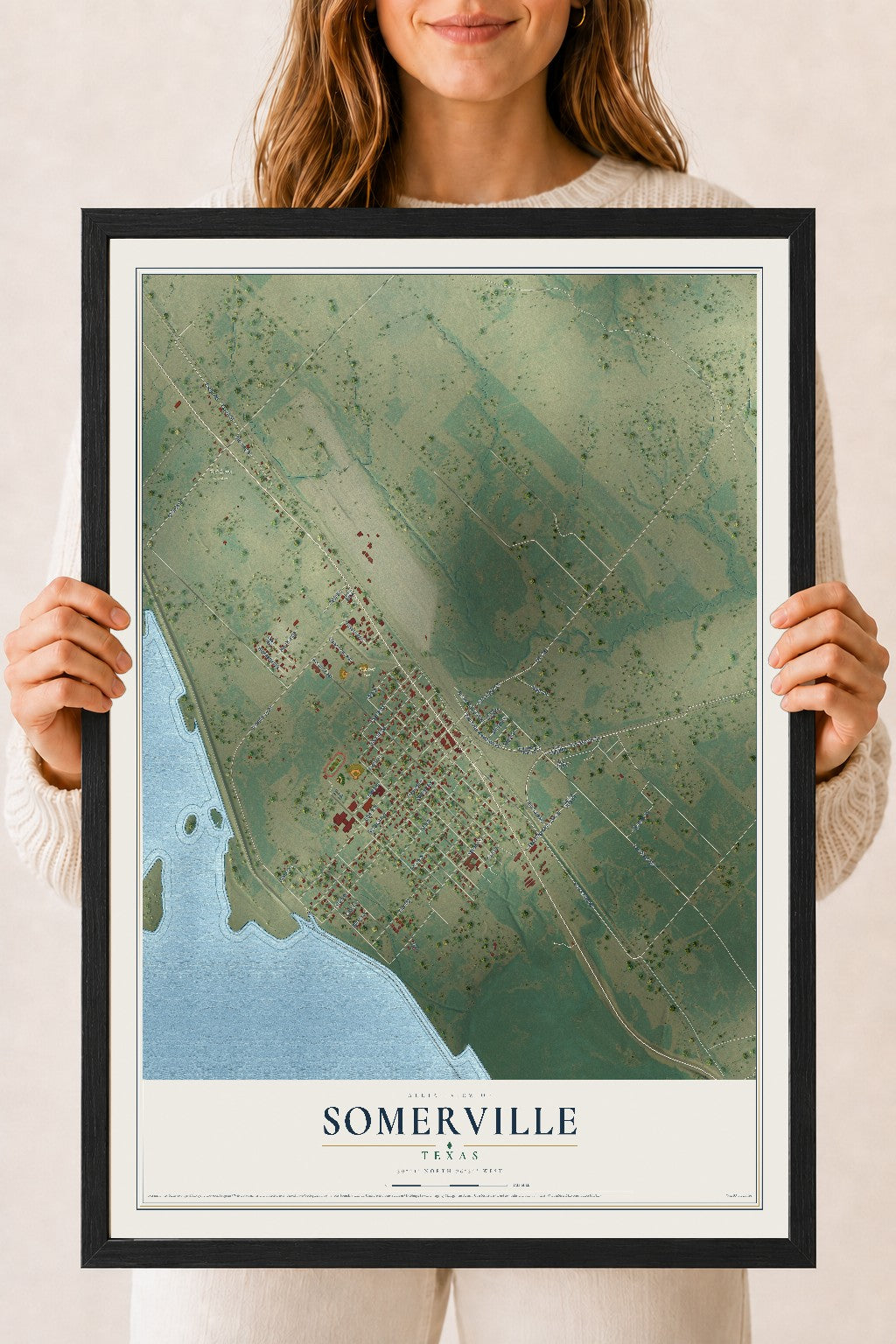 Map of Somerville, Texas, 18 x 24 inch print in a black wood frame