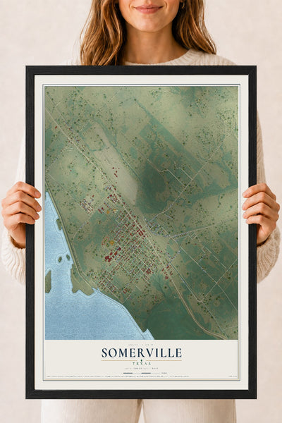 Map of Somerville, Texas, 18 x 24 inch print in a black wood frame