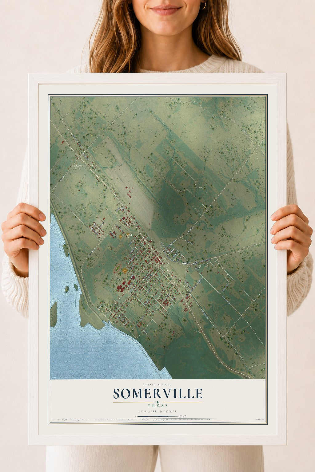 Map of Somerville, Texas, 18 x 24 inch print in a white wood frame