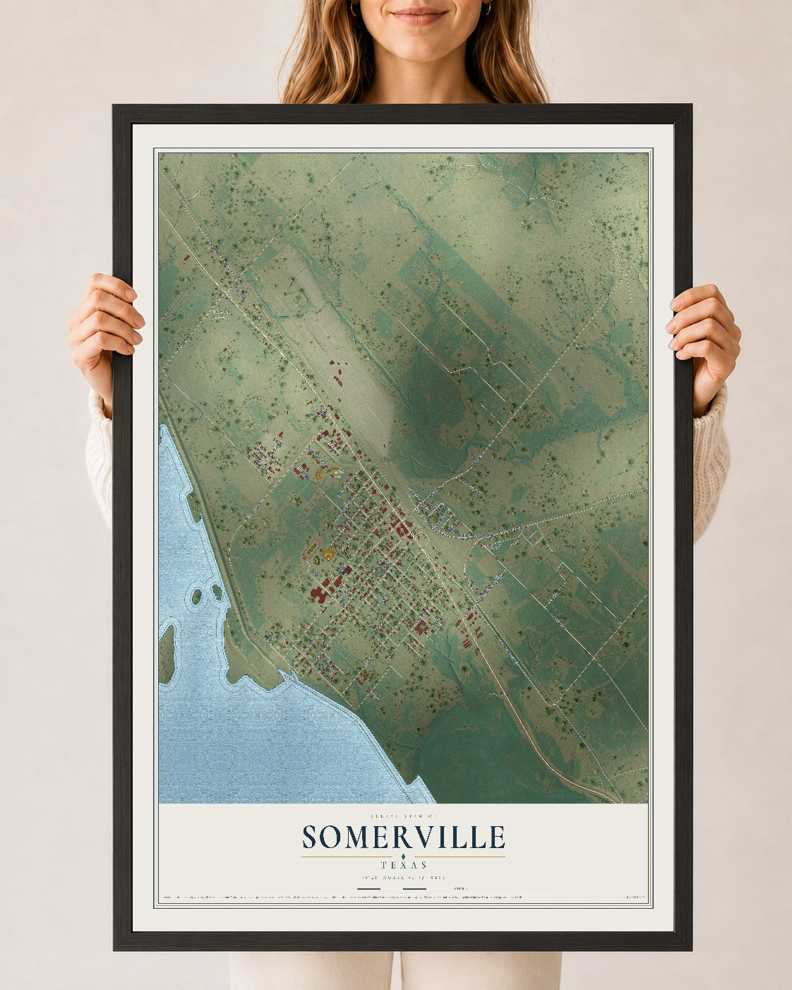 Map of Somerville, Texas, 24 x 36 inch print in a black wood frame