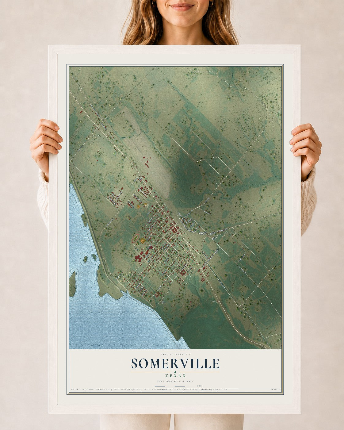 Map of Somerville, Texas, 24 x 36 inch print in a white wood frame