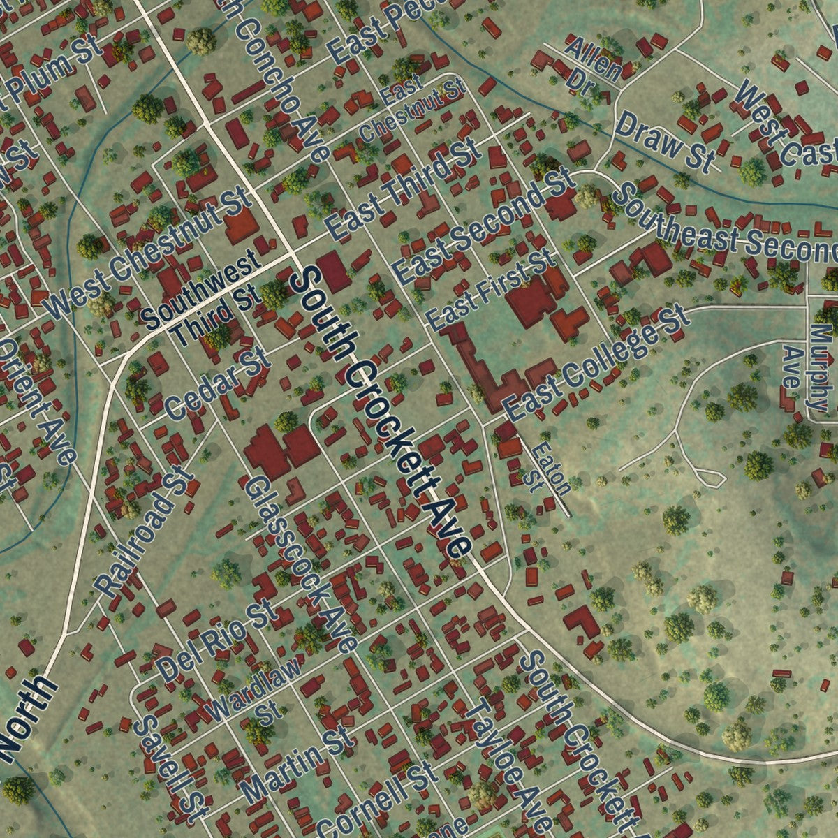 Close-up of the map of Sonora, Texas print showing street and building detail
