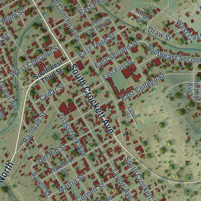Close-up of the map of Sonora, Texas print showing street and building detail