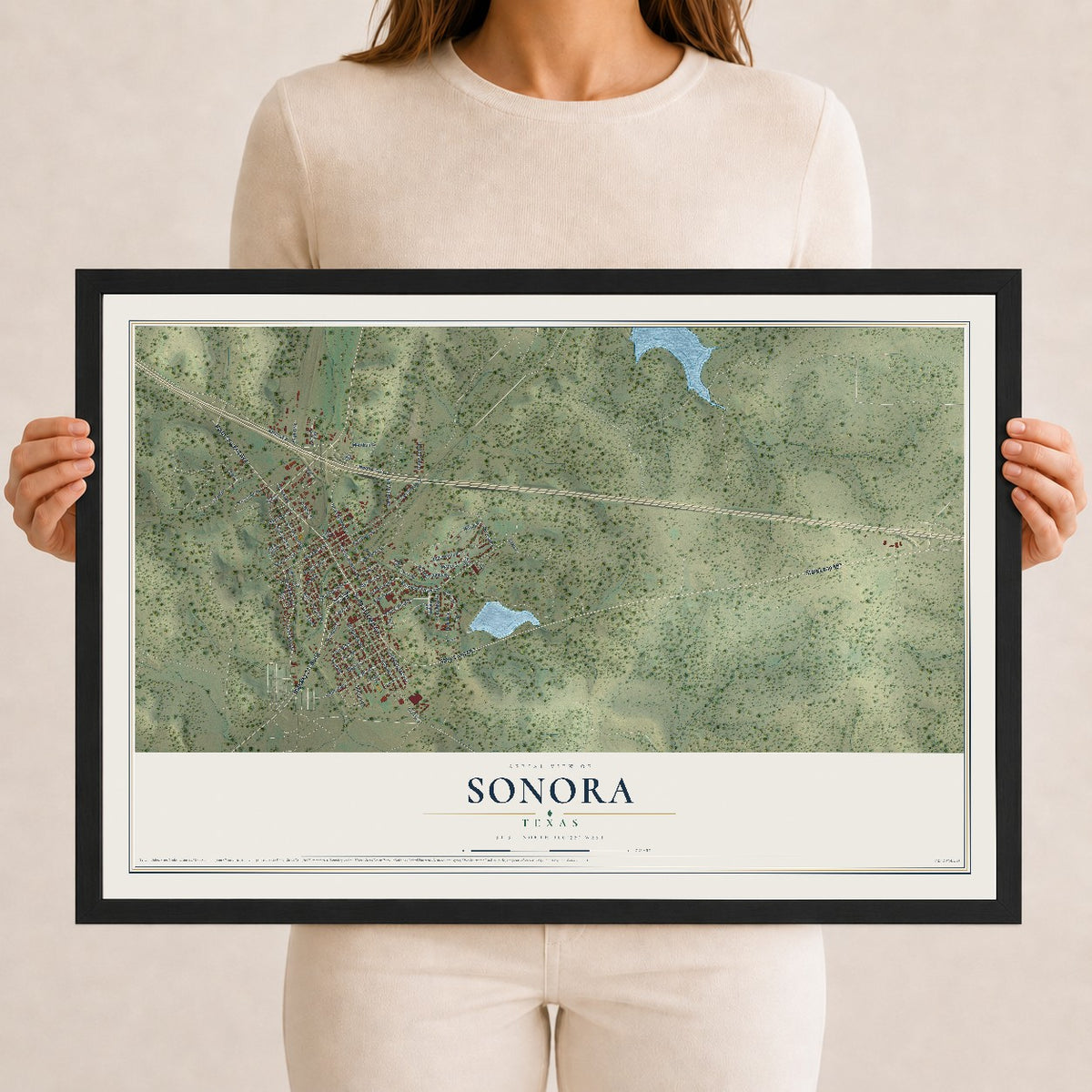 Map of Sonora, Texas, 12 x 18 inch print in a black wood frame