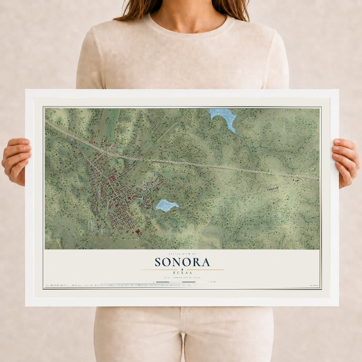 Map of Sonora, Texas, 12 x 18 inch print in a white wood frame