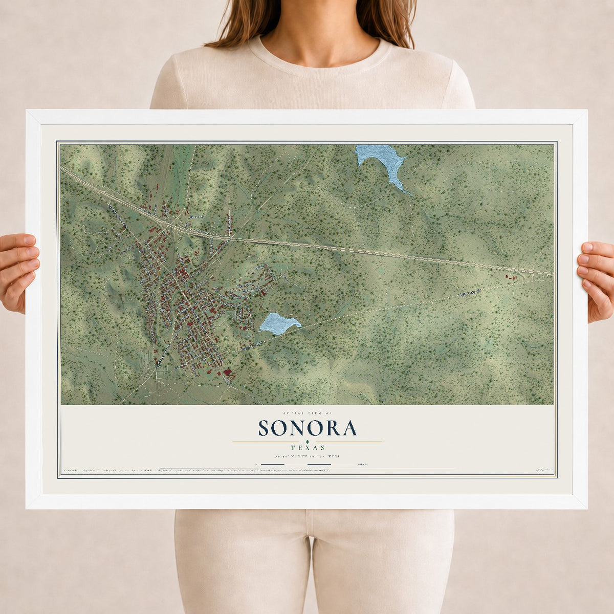Map of Sonora, Texas, 18 x 24 inch print in a white wood frame