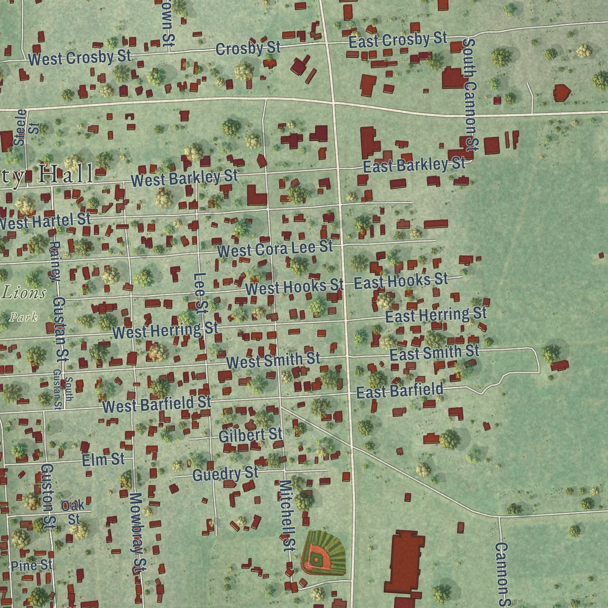 Close-up of the map of Sour Lake, Texas print showing street and building detail