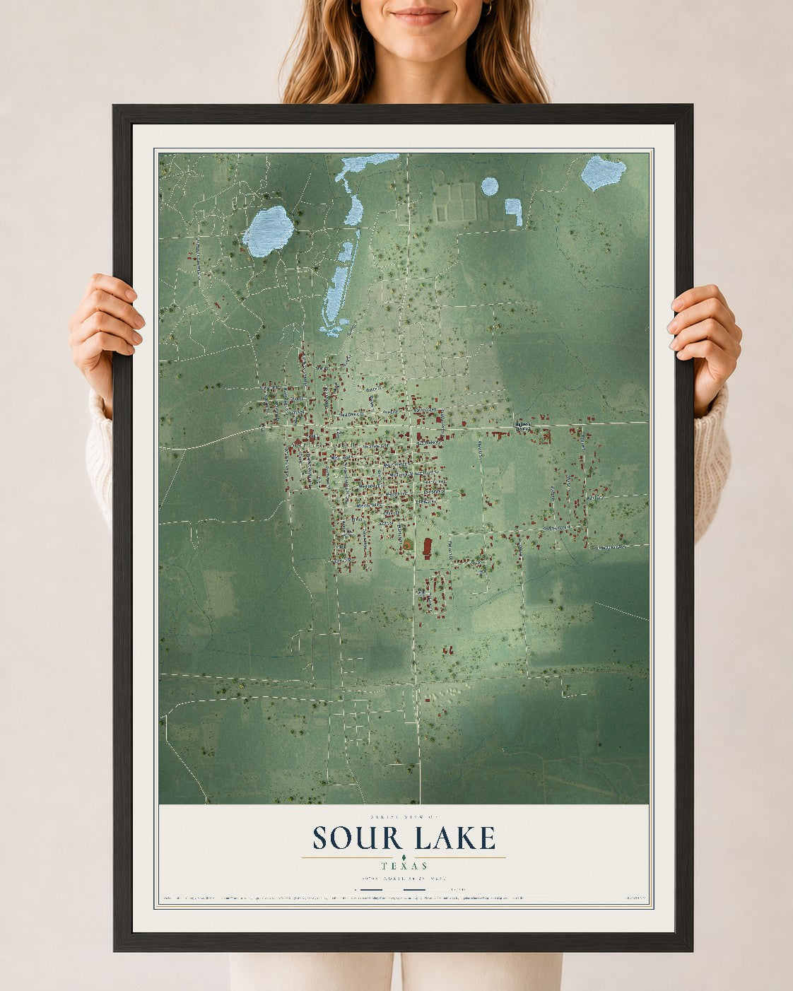 Map of Sour Lake, Texas, 24 x 36 inch print in a black wood frame