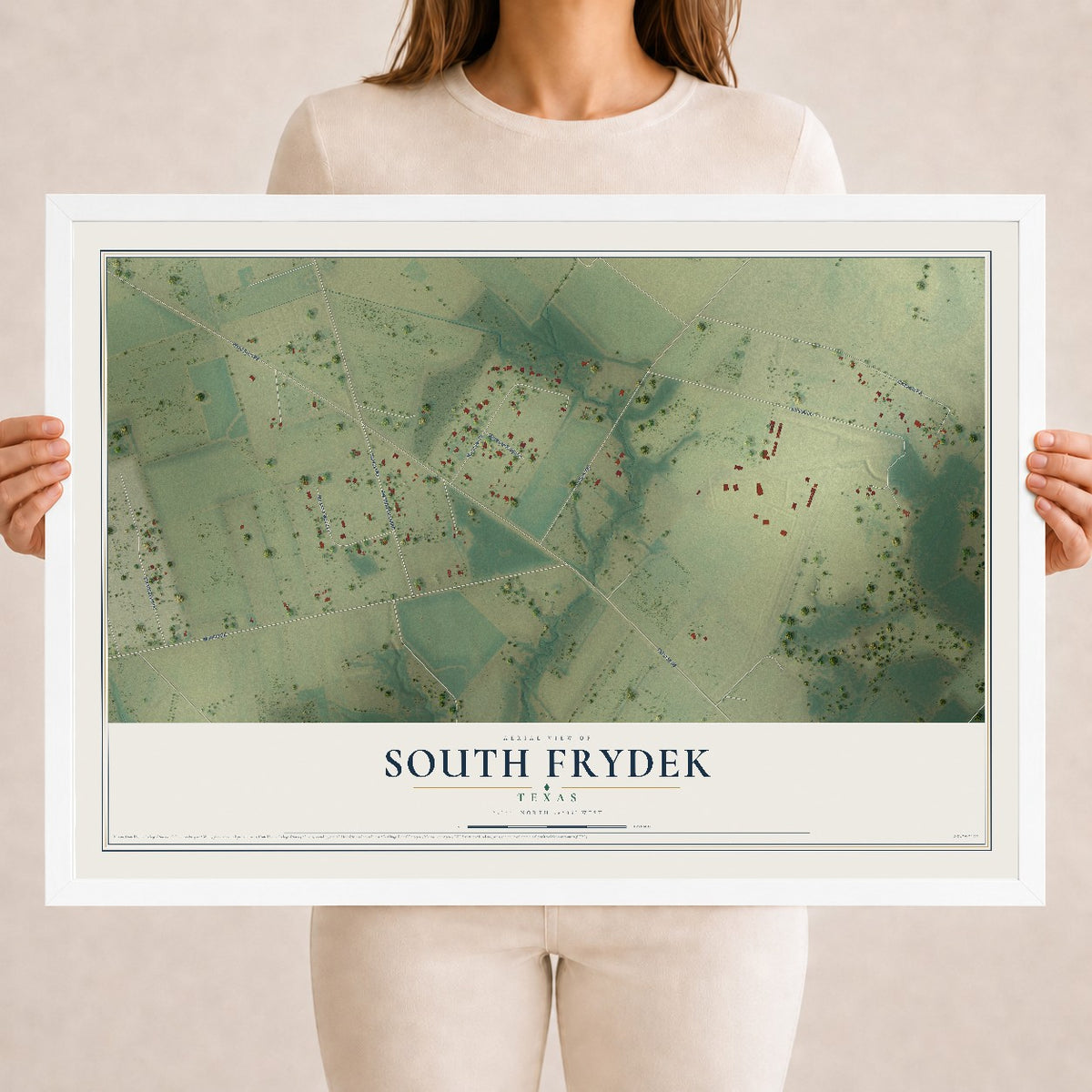 Map of South Frydek, Texas, 18 x 24 inch print in a white wood frame