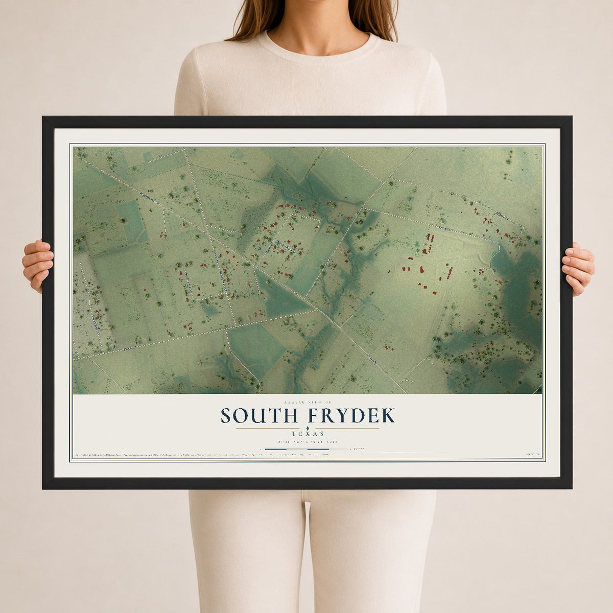 Map of South Frydek, Texas, 24 x 36 inch print in a black wood frame
