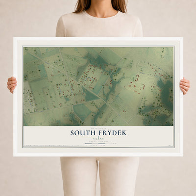 Map of South Frydek, Texas, 24 x 36 inch print in a white wood frame