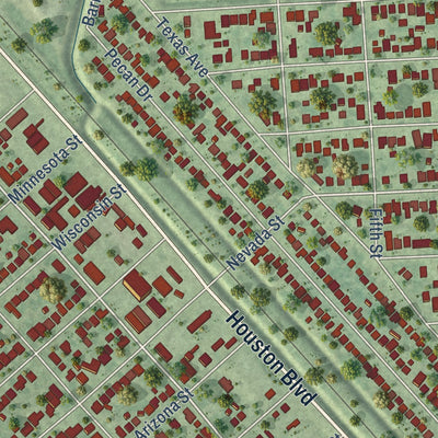 Close-up of the map of South Houston, Texas print showing street and building detail