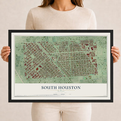 Map of South Houston, Texas, 12 x 18 inch print in a black wood frame