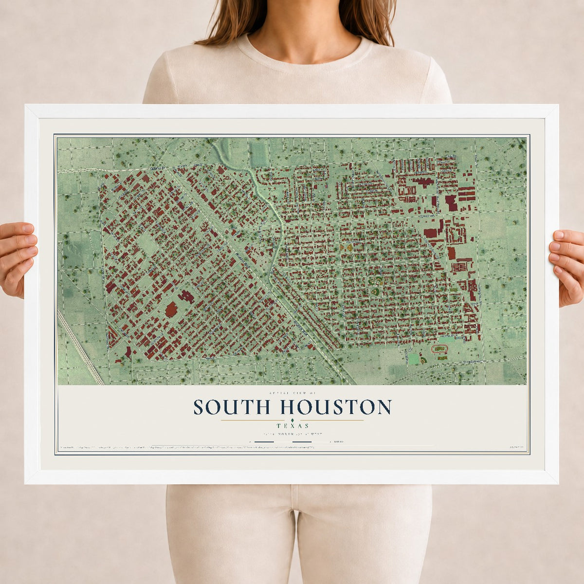 Map of South Houston, Texas, 18 x 24 inch print in a white wood frame