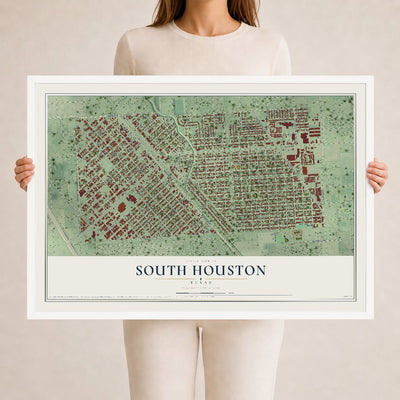 Map of South Houston, Texas, 24 x 36 inch print in a white wood frame