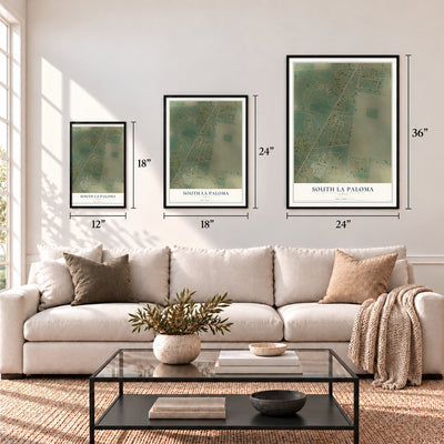 South La Paloma, Texas map in 12 x 18, 18 x 24 and 24 x 36 inch sizes above a sofa