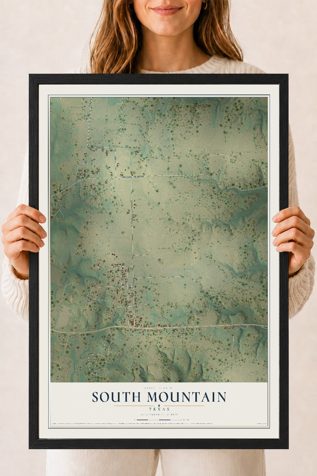Map of South Mountain, Texas, 18 x 24 inch print in a black wood frame