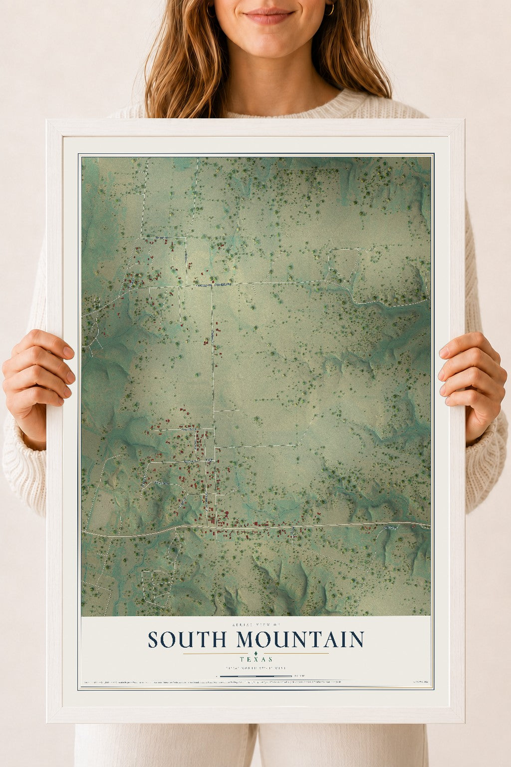 Map of South Mountain, Texas, 18 x 24 inch print in a white wood frame