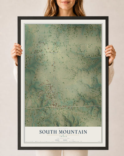 Map of South Mountain, Texas, 24 x 36 inch print in a black wood frame