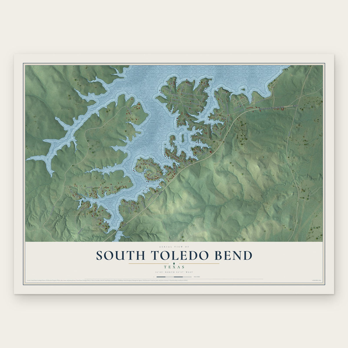 South Toledo Bend, Texas map print, the full design