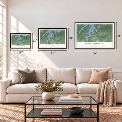 South Toledo Bend, Texas map in 12 x 18, 18 x 24 and 24 x 36 inch sizes above a sofa