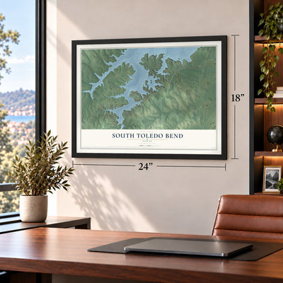 South Toledo Bend, Texas map, 18 x 24 inch print in a black frame in a home office