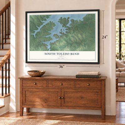 South Toledo Bend, Texas map, 24 x 36 inch print in a black frame above a dresser by a staircase