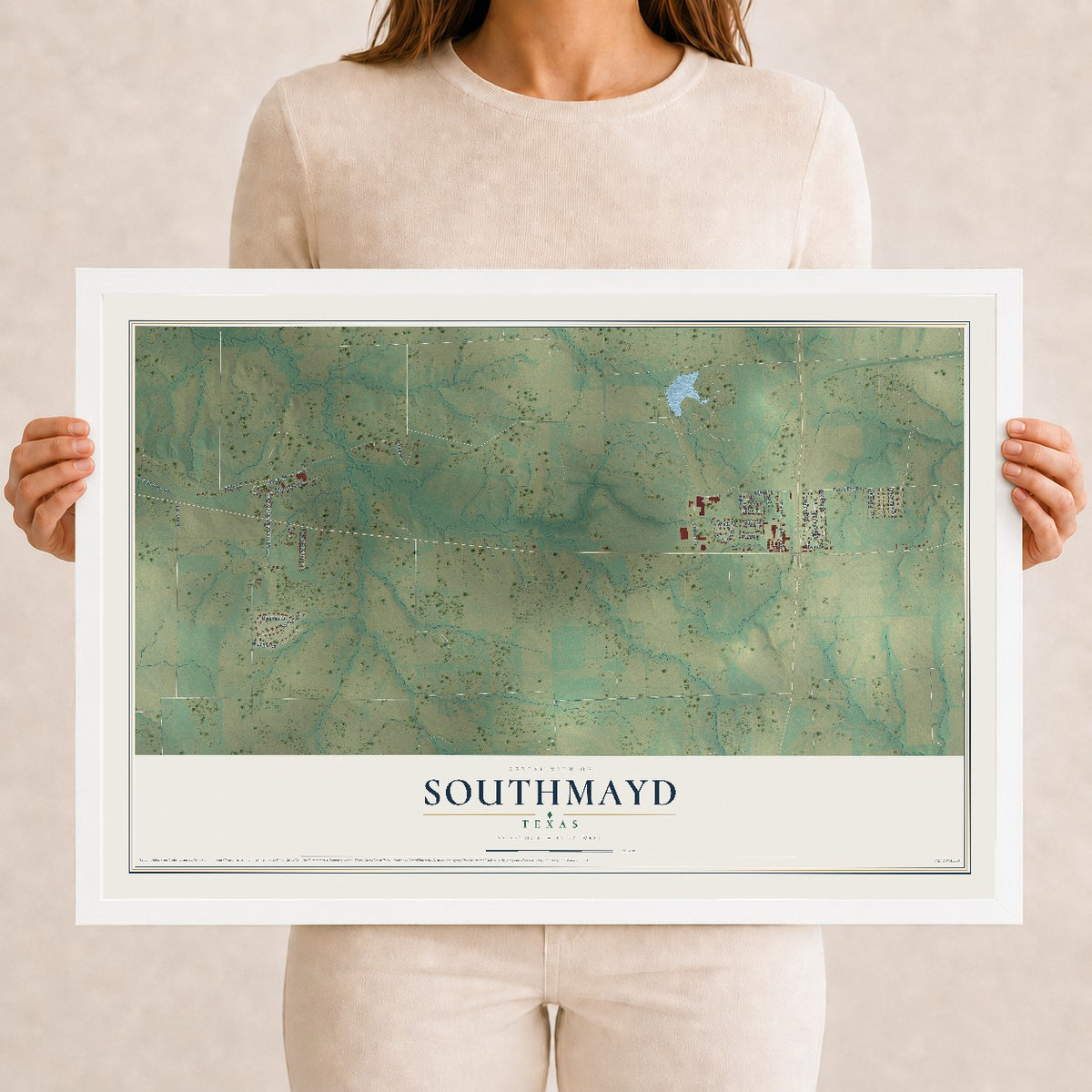 Map of Southmayd, Texas, 12 x 18 inch print in a white wood frame