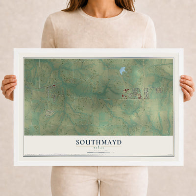 Map of Southmayd, Texas, 12 x 18 inch print in a white wood frame