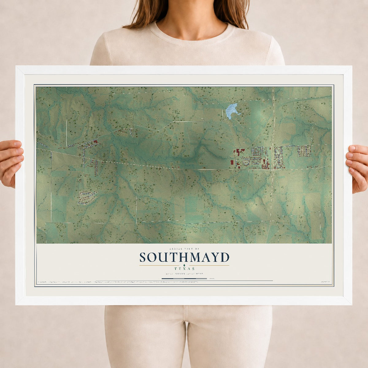 Map of Southmayd, Texas, 18 x 24 inch print in a white wood frame