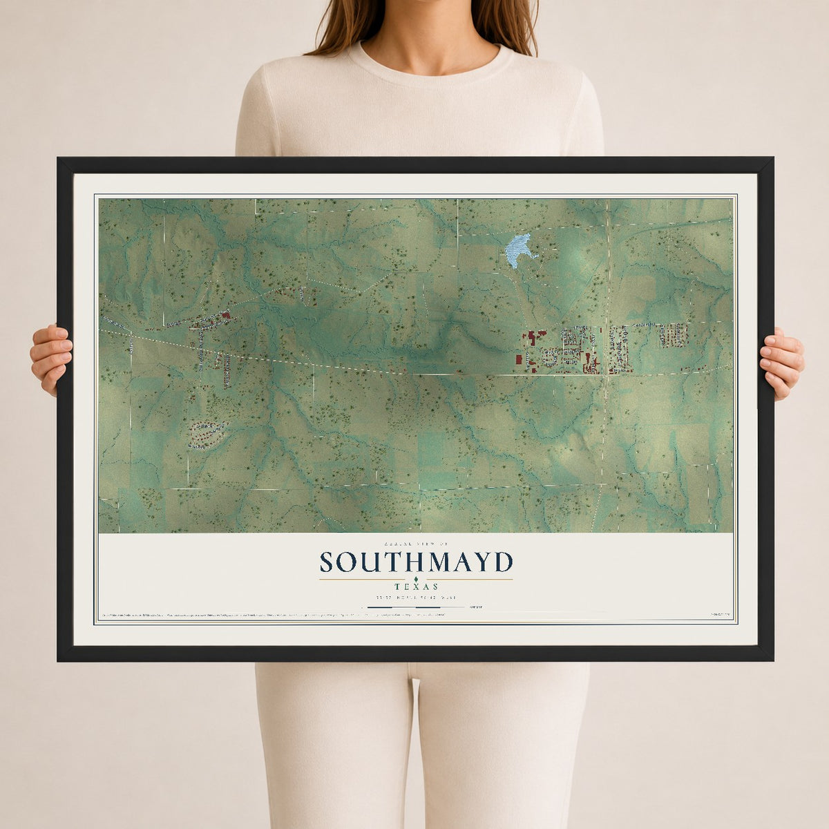 Map of Southmayd, Texas, 24 x 36 inch print in a black wood frame
