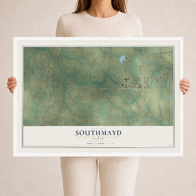 Map of Southmayd, Texas, 24 x 36 inch print in a white wood frame