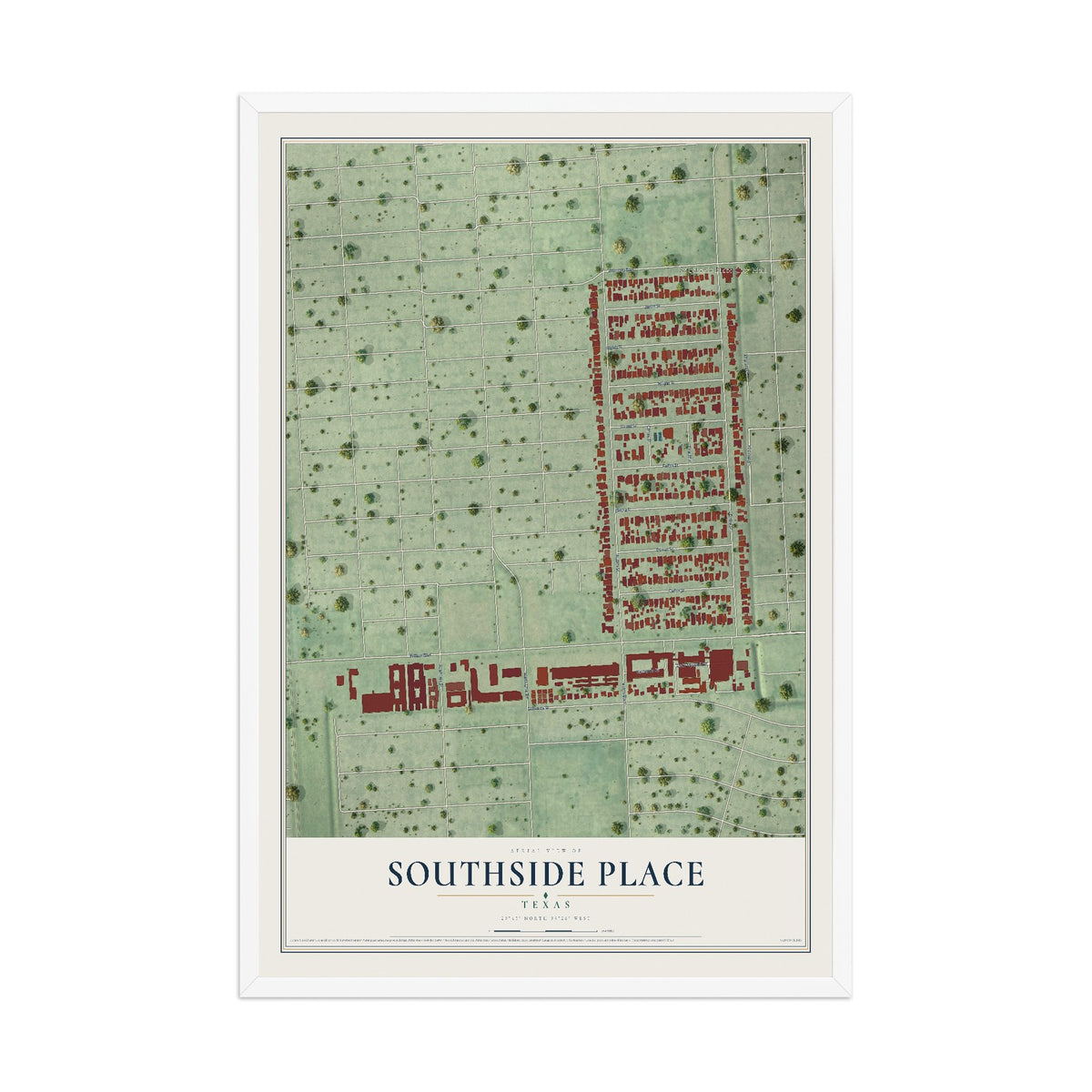 Map of Southside Place, Texas, 12 x 18 inch print in a white wood frame