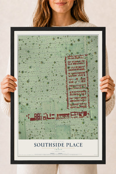 Map of Southside Place, Texas, 18 x 24 inch print in a black wood frame