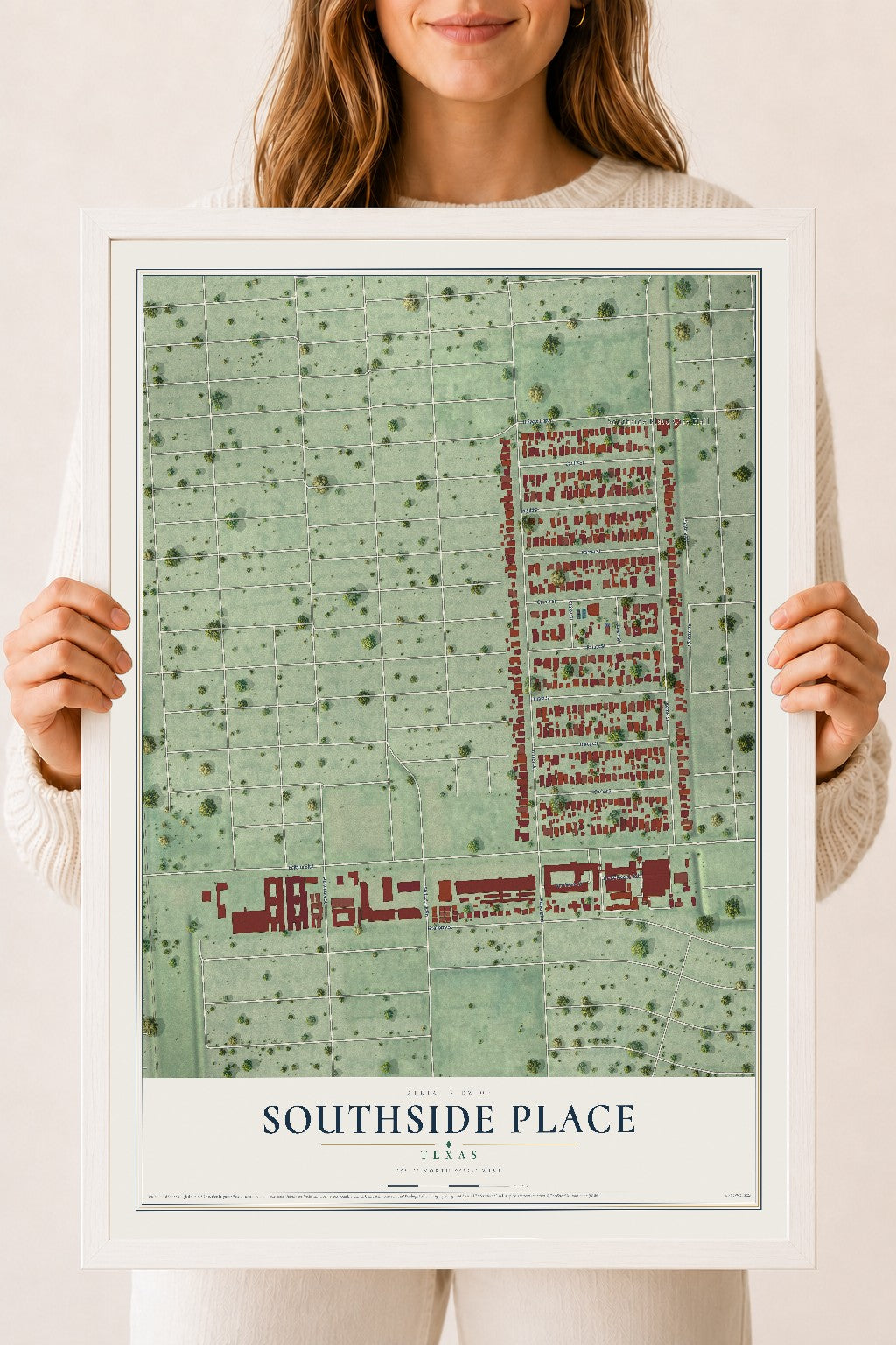 Map of Southside Place, Texas, 18 x 24 inch print in a white wood frame