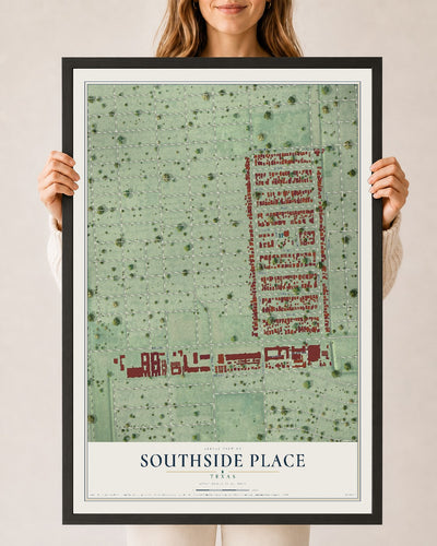 Map of Southside Place, Texas, 24 x 36 inch print in a black wood frame