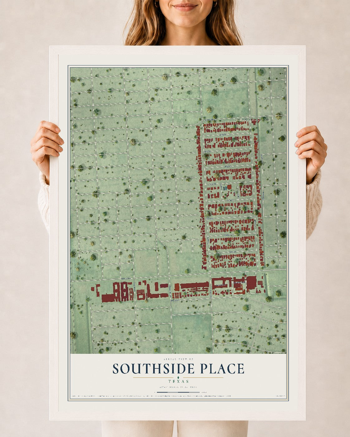 Map of Southside Place, Texas, 24 x 36 inch print in a white wood frame