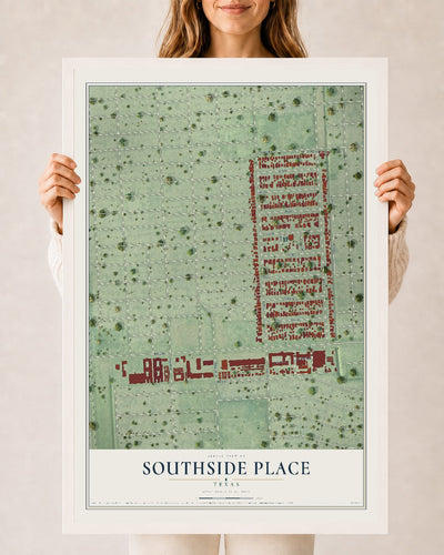 Map of Southside Place, Texas, 24 x 36 inch print in a white wood frame