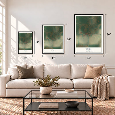 Spade, Texas map in 12 x 18, 18 x 24 and 24 x 36 inch sizes above a sofa