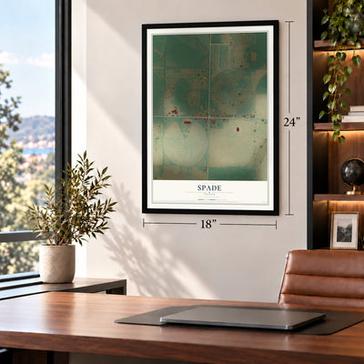 Spade, Texas map, 18 x 24 inch print in a black frame in a home office