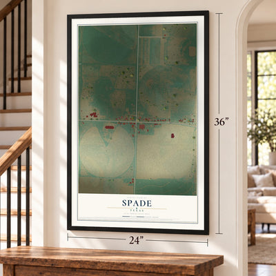 Spade, Texas map, 24 x 36 inch print in a black frame by a staircase