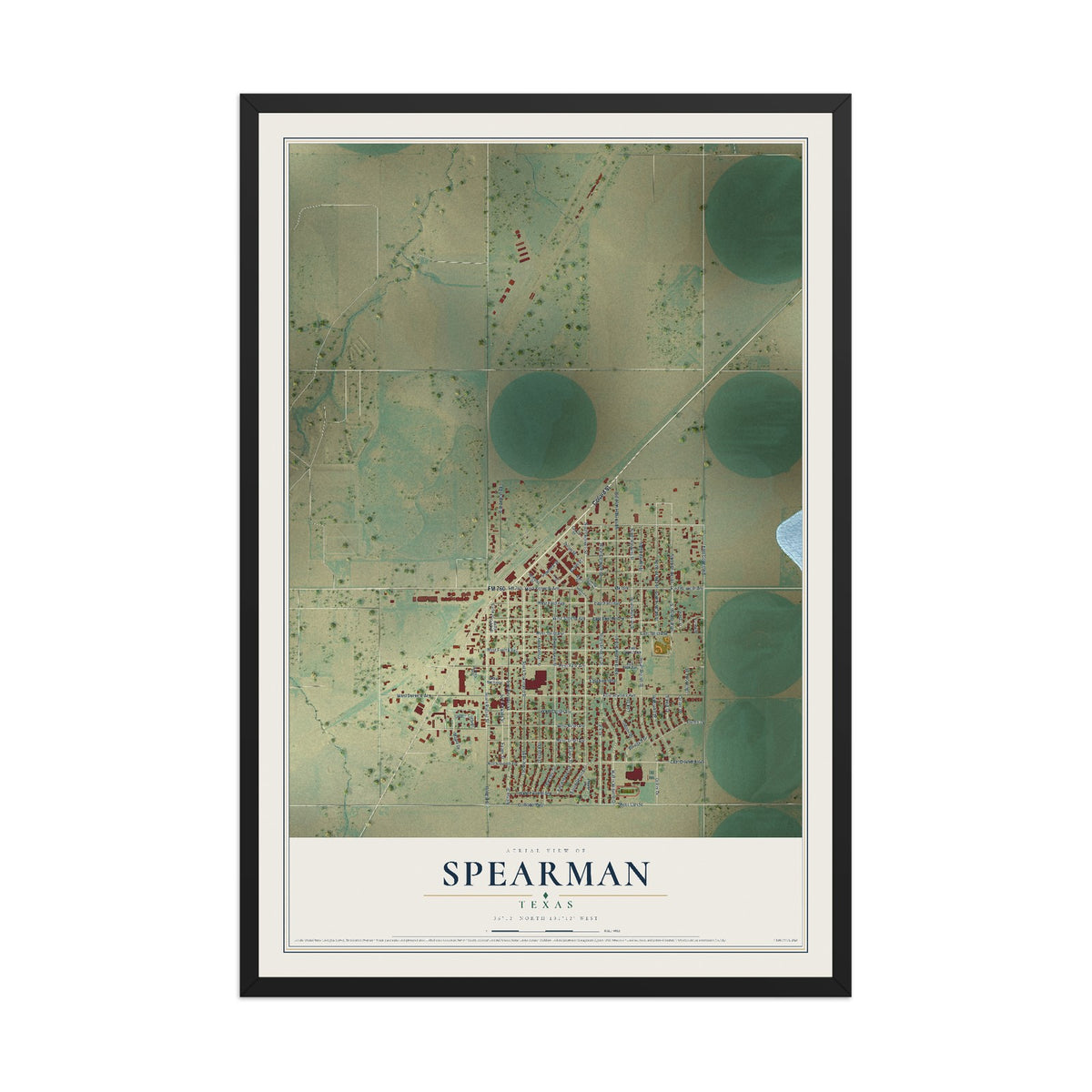 Map of Spearman, Texas, 12 x 18 inch print in a black wood frame