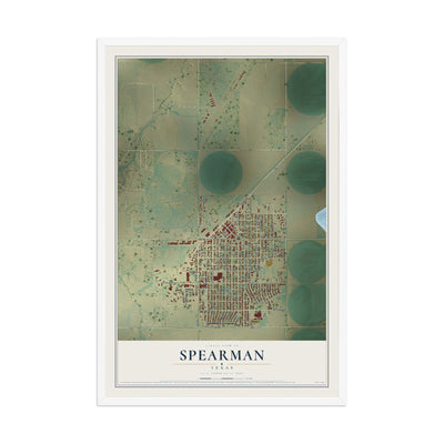 Map of Spearman, Texas, 12 x 18 inch print in a white wood frame
