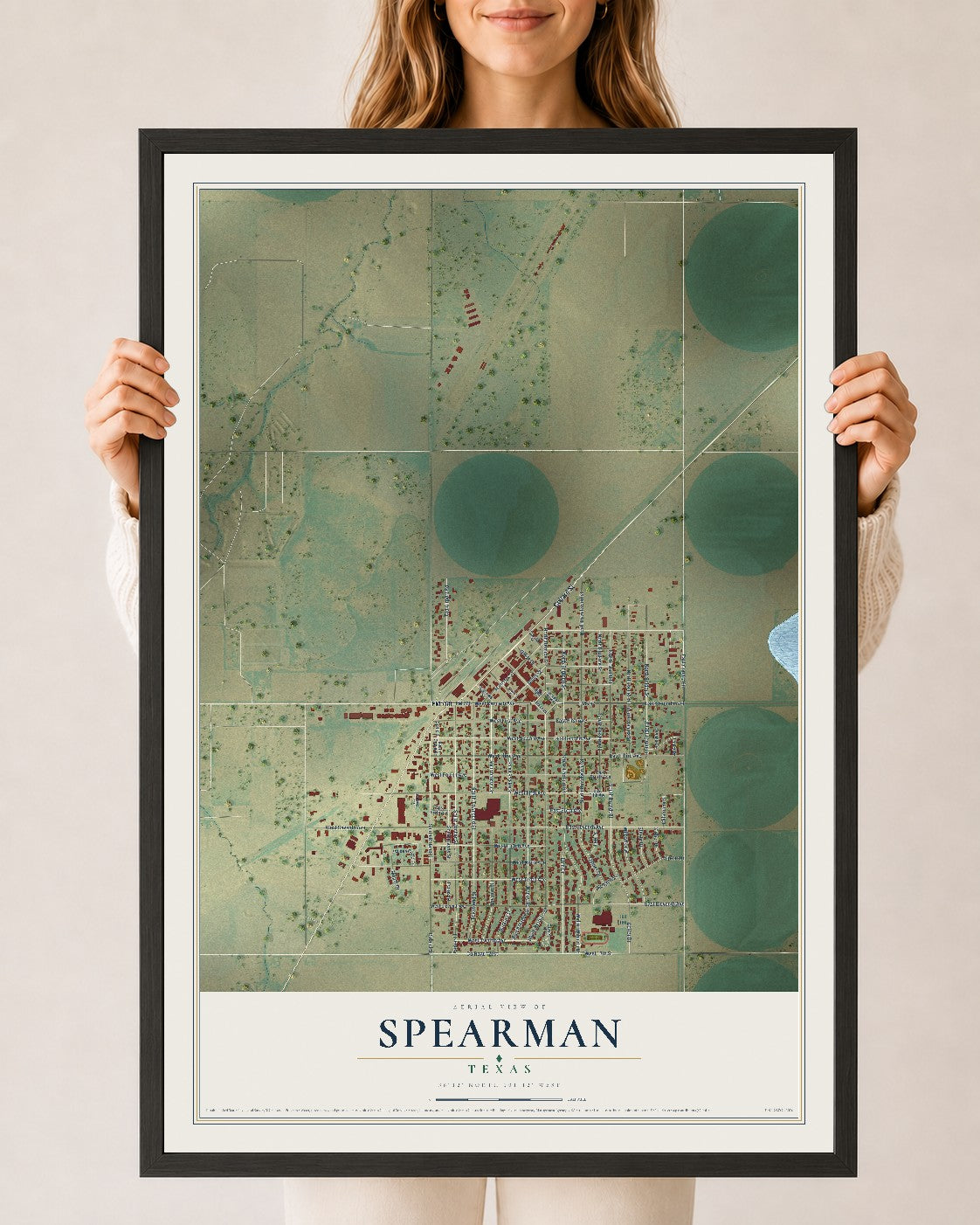 Map of Spearman, Texas, 24 x 36 inch print in a black wood frame