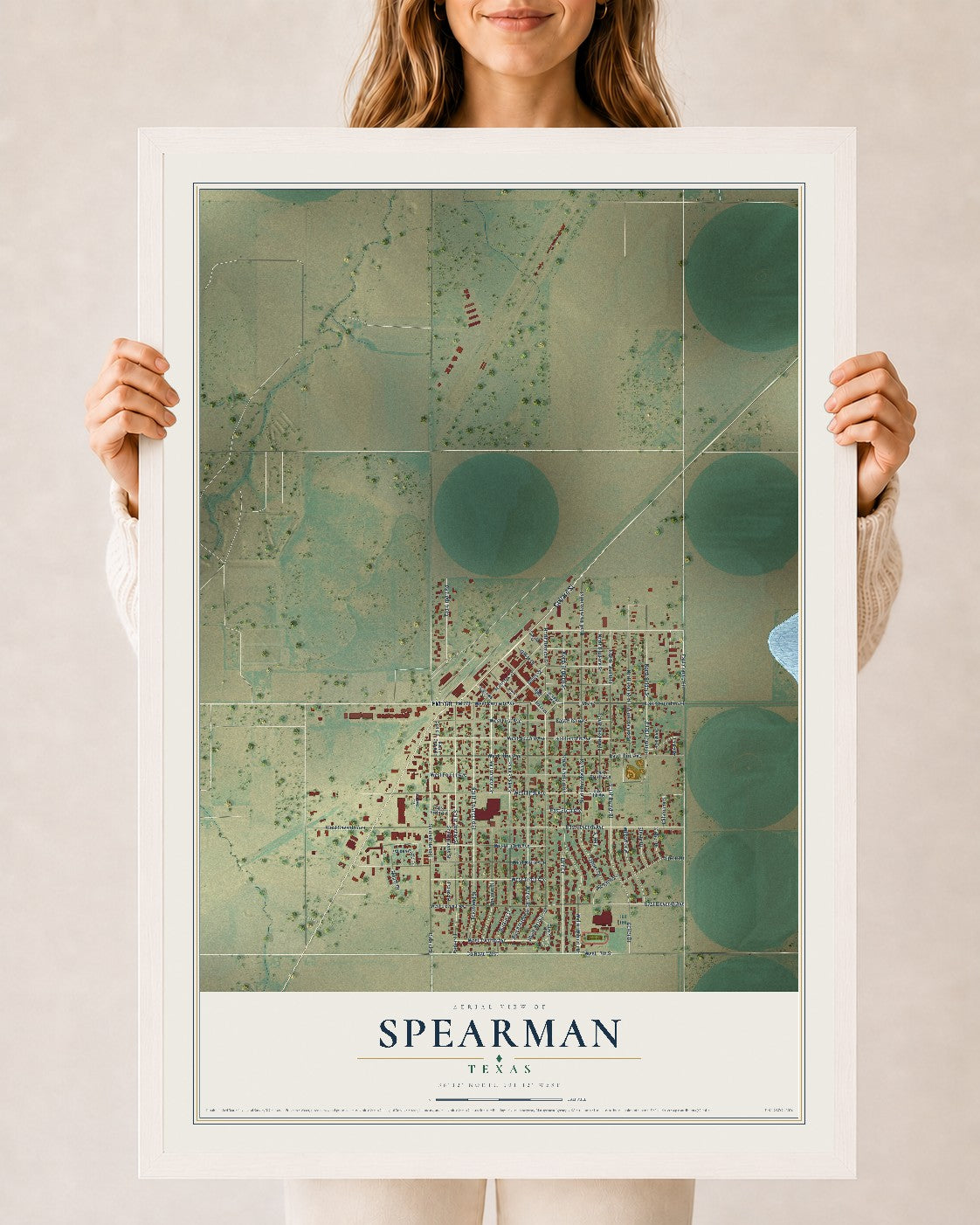 Map of Spearman, Texas, 24 x 36 inch print in a white wood frame