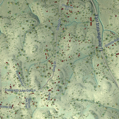 Close-up of the map of Spicewood, Texas print showing street and building detail