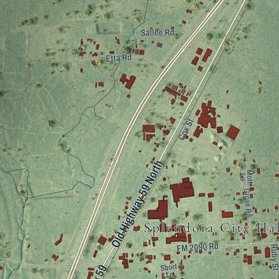 Close-up of the map of Splendora, Texas print showing street and building detail