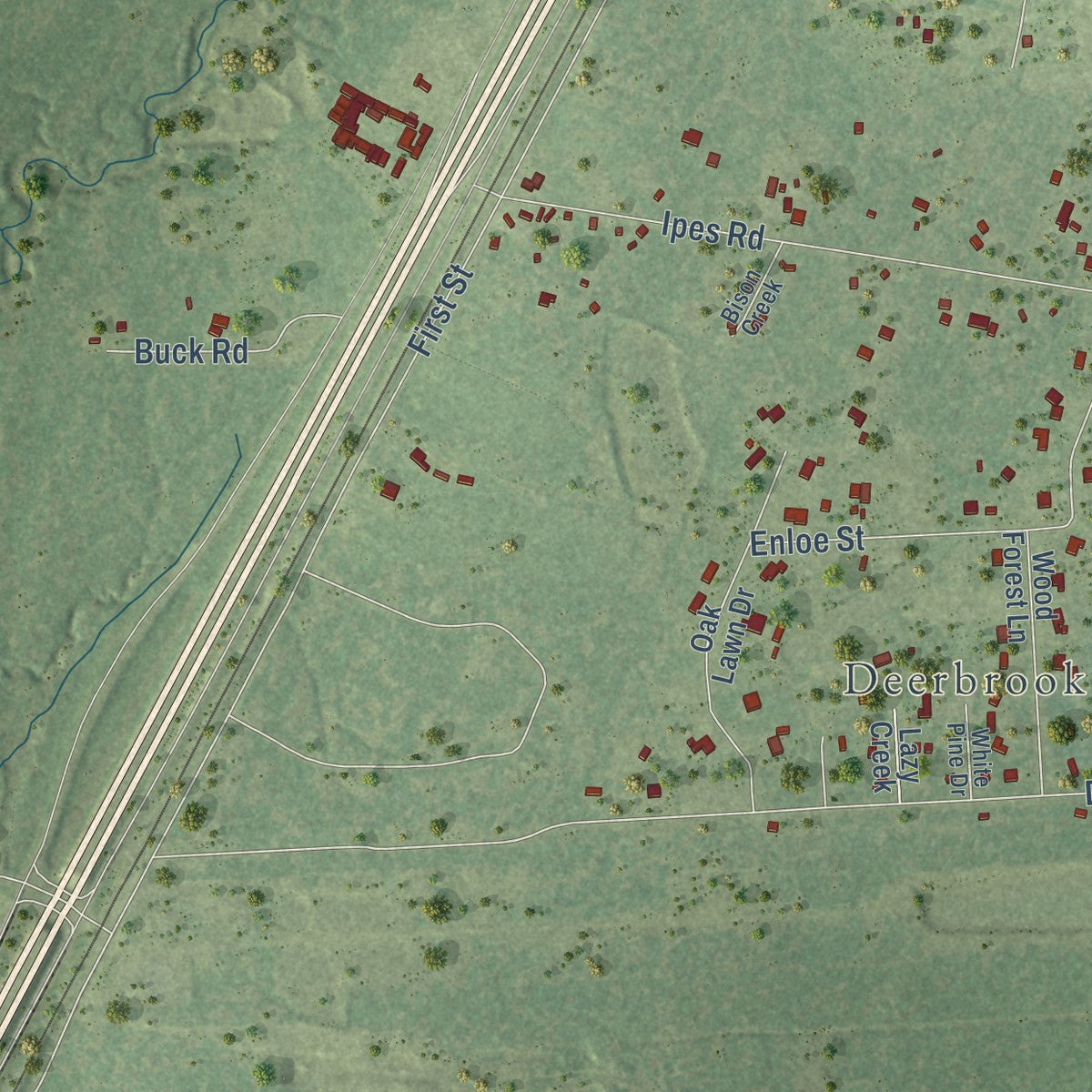 Second close-up of the map of Splendora, Texas print showing more streets and buildings