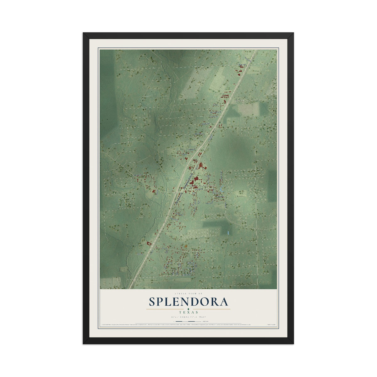 Map of Splendora, Texas, 12 x 18 inch print in a black wood frame